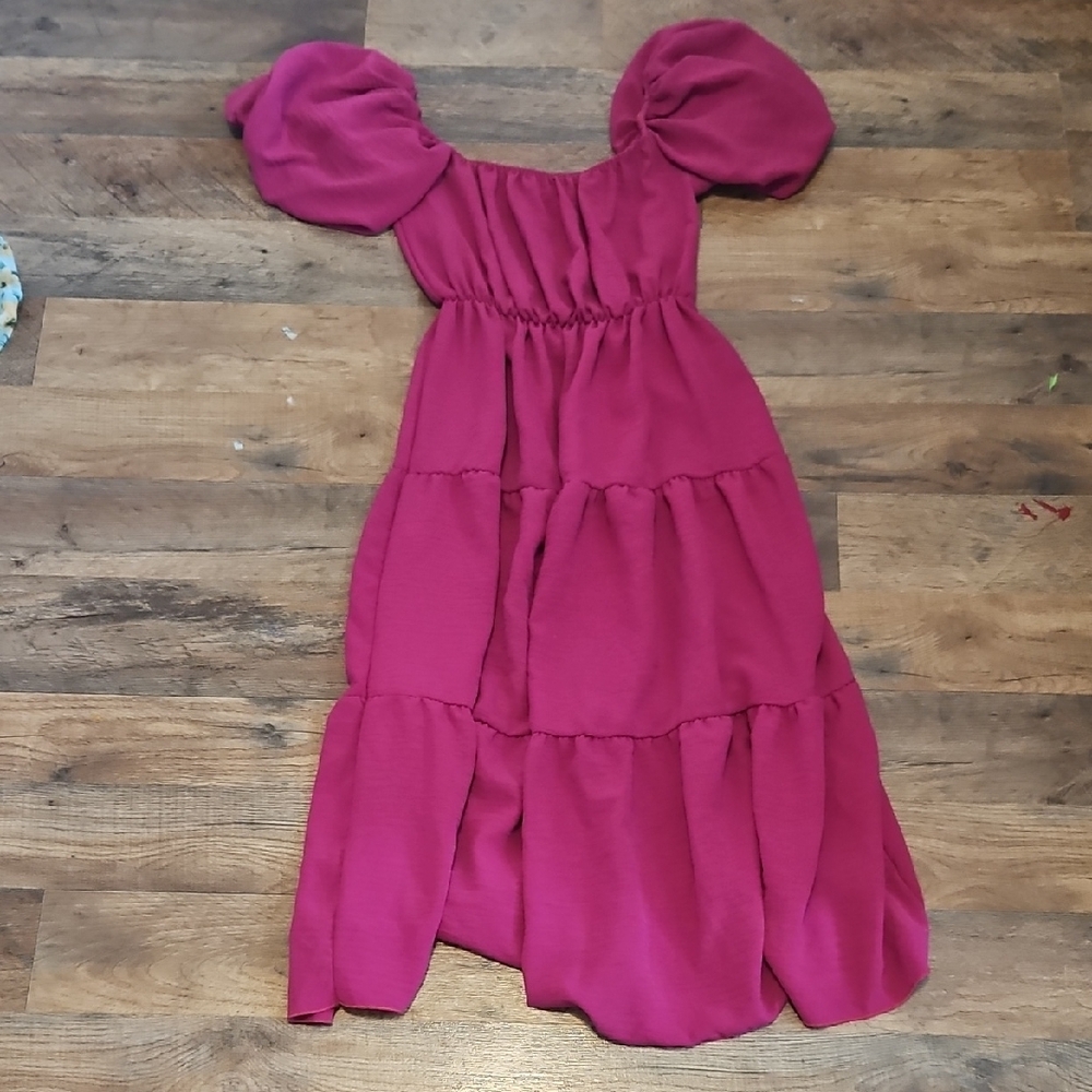 Pink Smocked Tiered Maxi Dress with Puff Sleeves